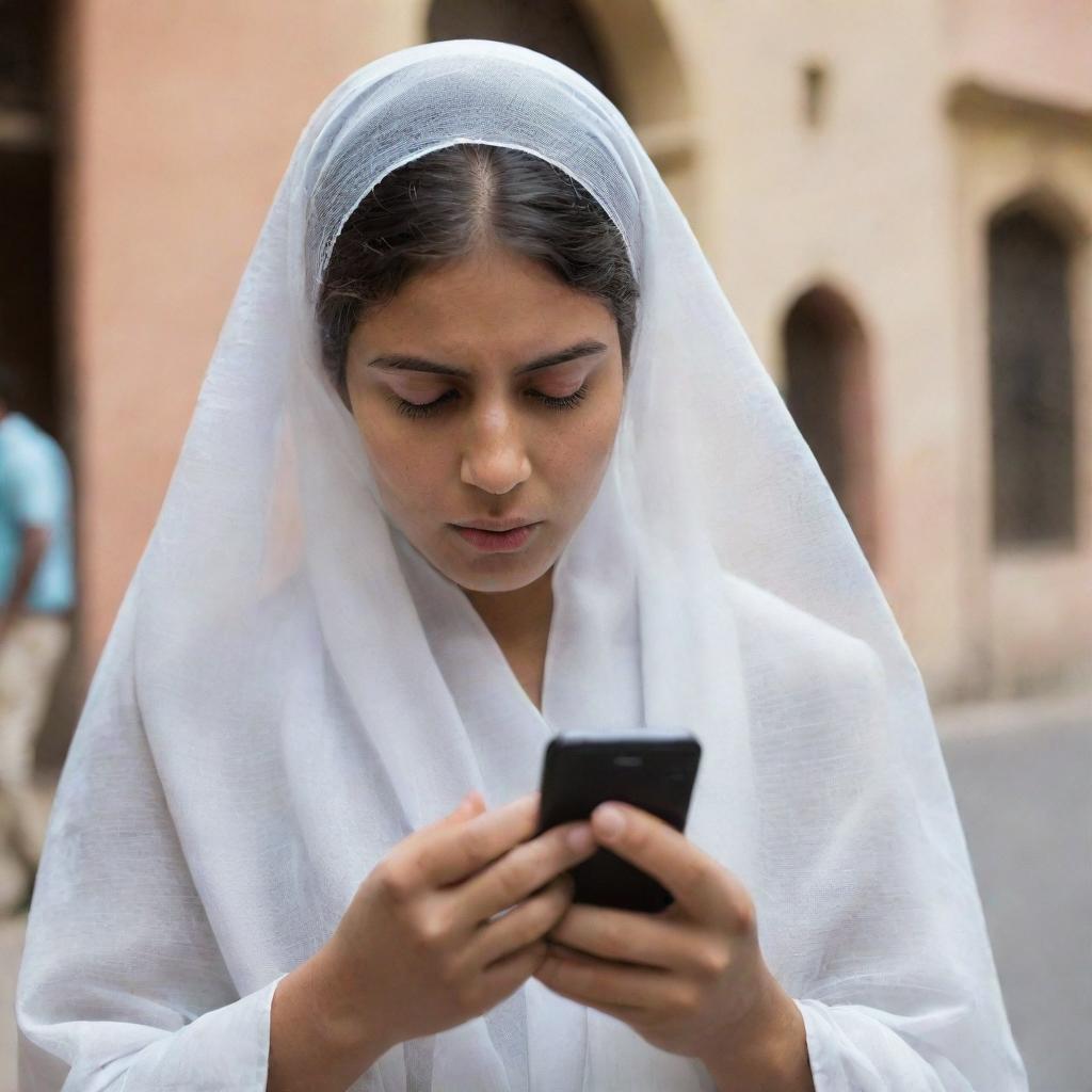 A veiled girl holding a mobile phone in a state of tension, unsure where to book a location to celebrate her friend's birthday