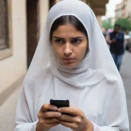 A veiled girl holding a mobile phone in a state of tension, unsure where to book a location to celebrate her friend's birthday