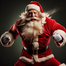 An extremely passionate Santa Claus with glowing energy and supernatural muscles, visibly excited about the festive season.