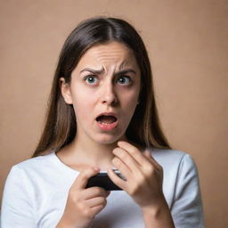 A girl holding a mobile phone, displaying an expression of fear