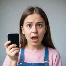 A girl holding a mobile phone, displaying an expression of fear