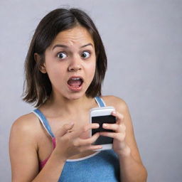 A girl holding a mobile phone, displaying an expression of fear