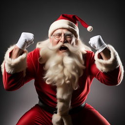 An extremely passionate Santa Claus with glowing energy and supernatural muscles, visibly excited about the festive season.