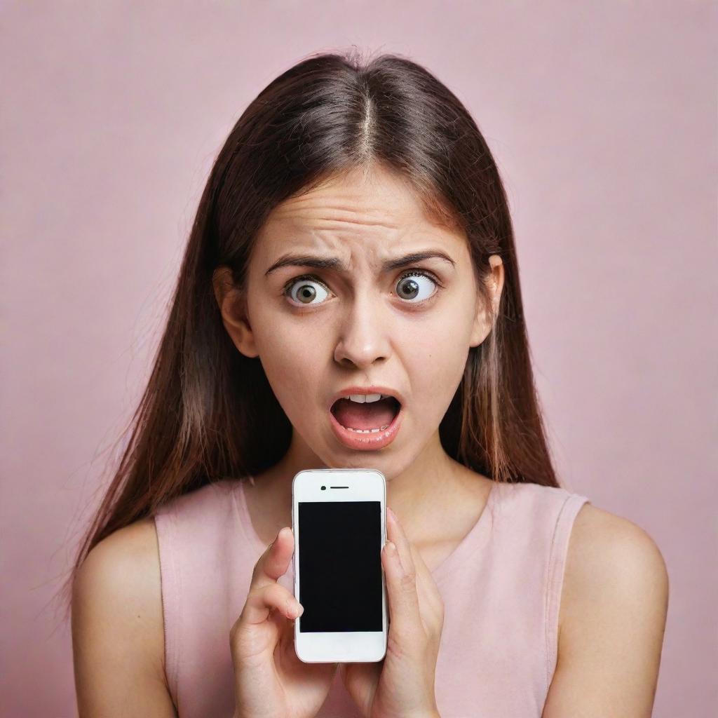 A girl holding a mobile phone, displaying an expression of fear