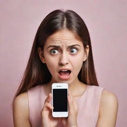 A girl holding a mobile phone, displaying an expression of fear