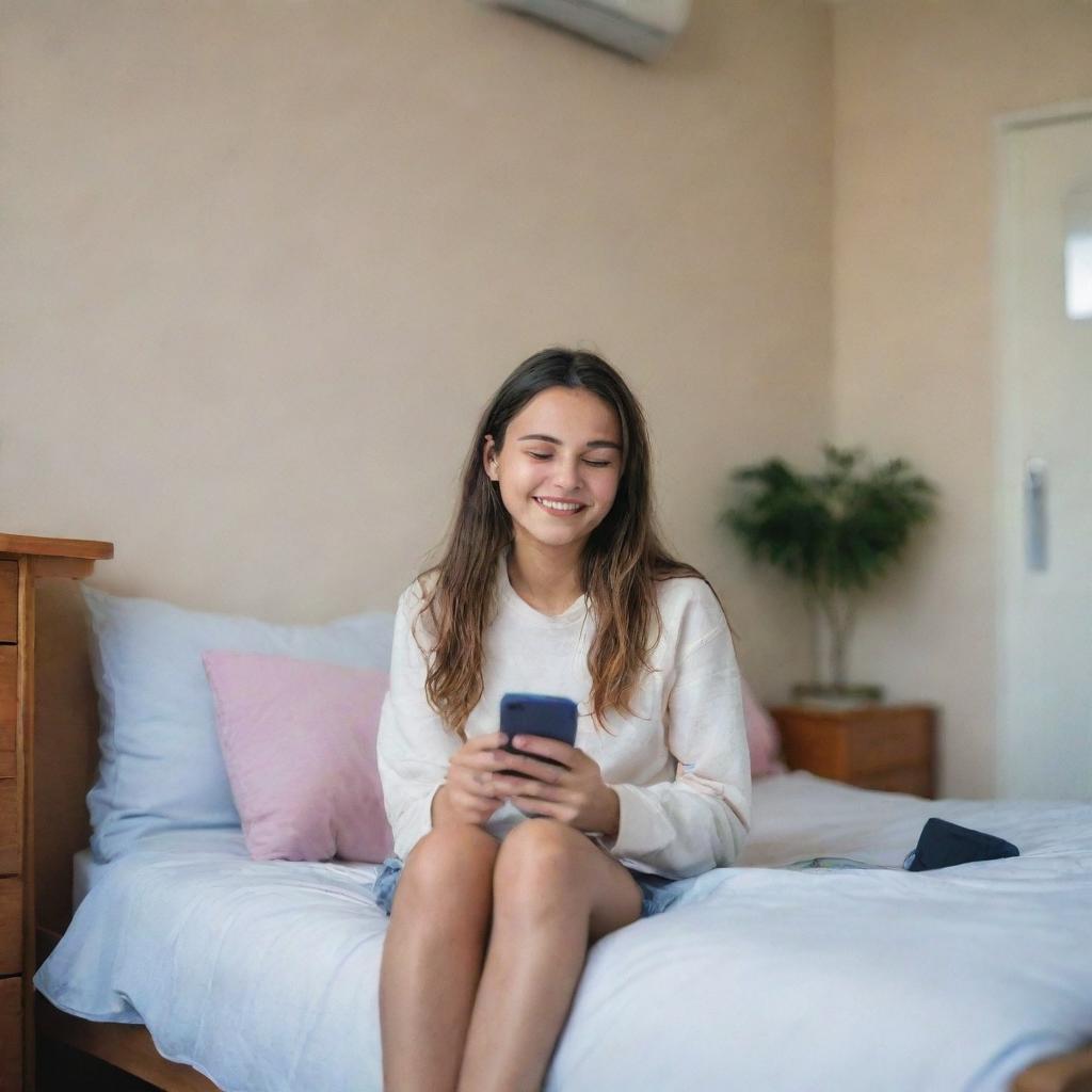 A happy girl sitting in her room, engrossed in typing on her mobile phone