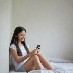 A happy girl sitting in her room, engrossed in typing on her mobile phone