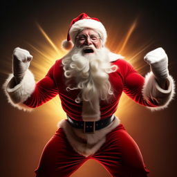 An extremely passionate Santa Claus with glowing energy and supernatural muscles, visibly excited about the festive season.