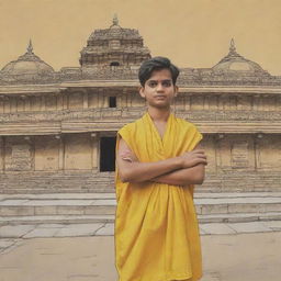 Cartoon image of an 18-year-old boy with folded hands standing in front of the Ram Temple in Ayodhya. He's wearing a yellow test cloth with the inscription 'Goutam Pareek'.