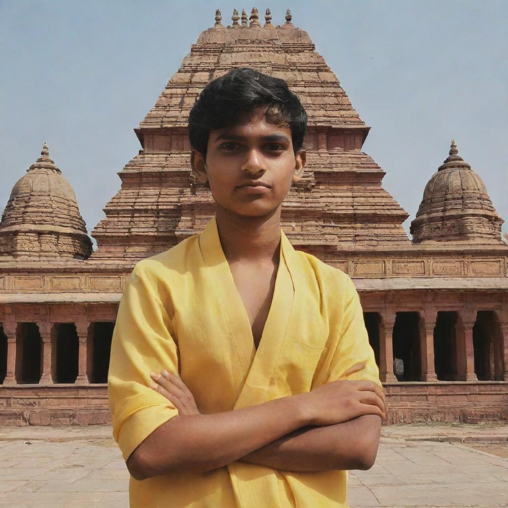 Cartoon image of an 18-year-old boy with folded hands standing in front of the Ram Temple in Ayodhya. He's wearing a yellow test cloth with the inscription 'Goutam Pareek'.