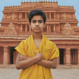 Cartoon image of an 18-year-old boy with folded hands standing in front of the Ram Temple in Ayodhya. He's wearing a yellow test cloth with the inscription 'Goutam Pareek'.