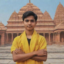 Cartoon image of an 18-year-old boy with folded hands standing in front of the Ram Temple in Ayodhya. He's wearing a yellow test cloth with the inscription 'Goutam Pareek'.