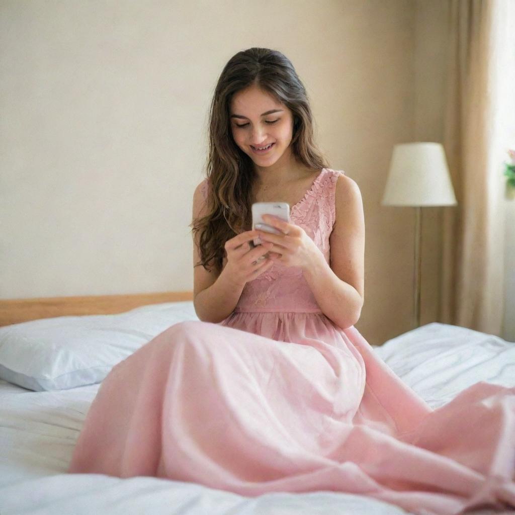 A girl wearing a long dress, sitting in her room, happily texting her friend on her mobile phone