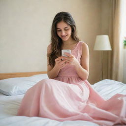 A girl wearing a long dress, sitting in her room, happily texting her friend on her mobile phone