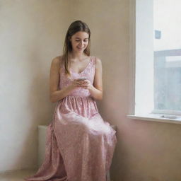 A girl wearing a long dress, sitting in her room, happily texting her friend on her mobile phone