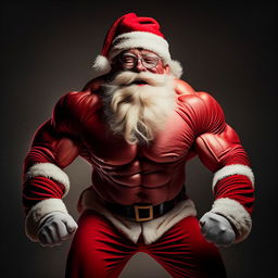 An extremely passionate Santa Claus with glowing energy and supernatural muscles, visibly excited about the festive season.