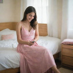 A girl wearing a long dress, sitting in her room, happily texting her friend on her mobile phone