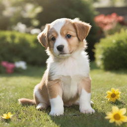 Generate an image of an adorable, playful puppy in a sunny garden.