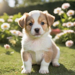 Generate an image of an adorable, playful puppy in a sunny garden.