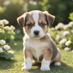 Generate an image of an adorable, playful puppy in a sunny garden.