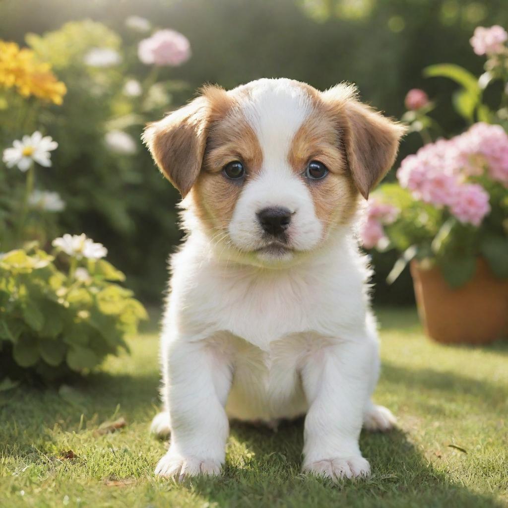 Generate an image of an adorable, playful puppy in a sunny garden.