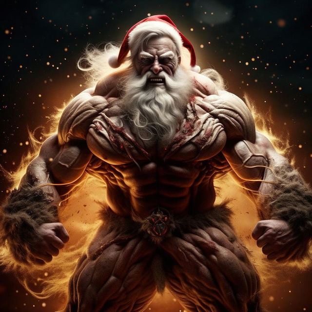 A passionate and electrifying image of Santa Claus with monstrous muscles full of raw supernatural power and an indomitable energy.