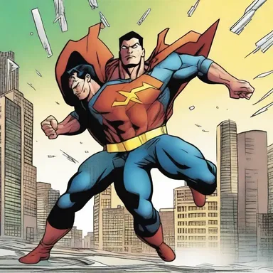 In the comic, the hero with superpowers carries off the villain, saving the city.