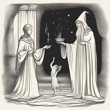 The wizard casts a spell to carry off the evil enchantment from the princess, restoring her to her true form.