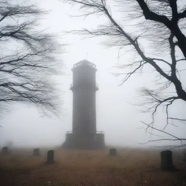 The abandoned mooring tower stood tall amidst the fog-covered graveyard, serving as a chilling setting for the horror movie.