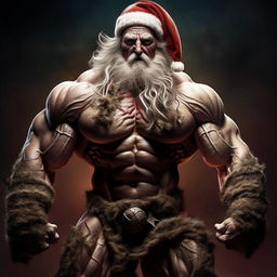 A passionate and electrifying image of Santa Claus with monstrous muscles full of raw supernatural power and an indomitable energy.