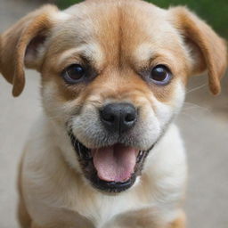 Dramatically amplify the puppy's anger expression in the previous image, making it look super fierce and exceedingly aggressive.