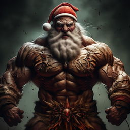 A passionate and electrifying image of Santa Claus with monstrous muscles full of raw supernatural power and an indomitable energy.