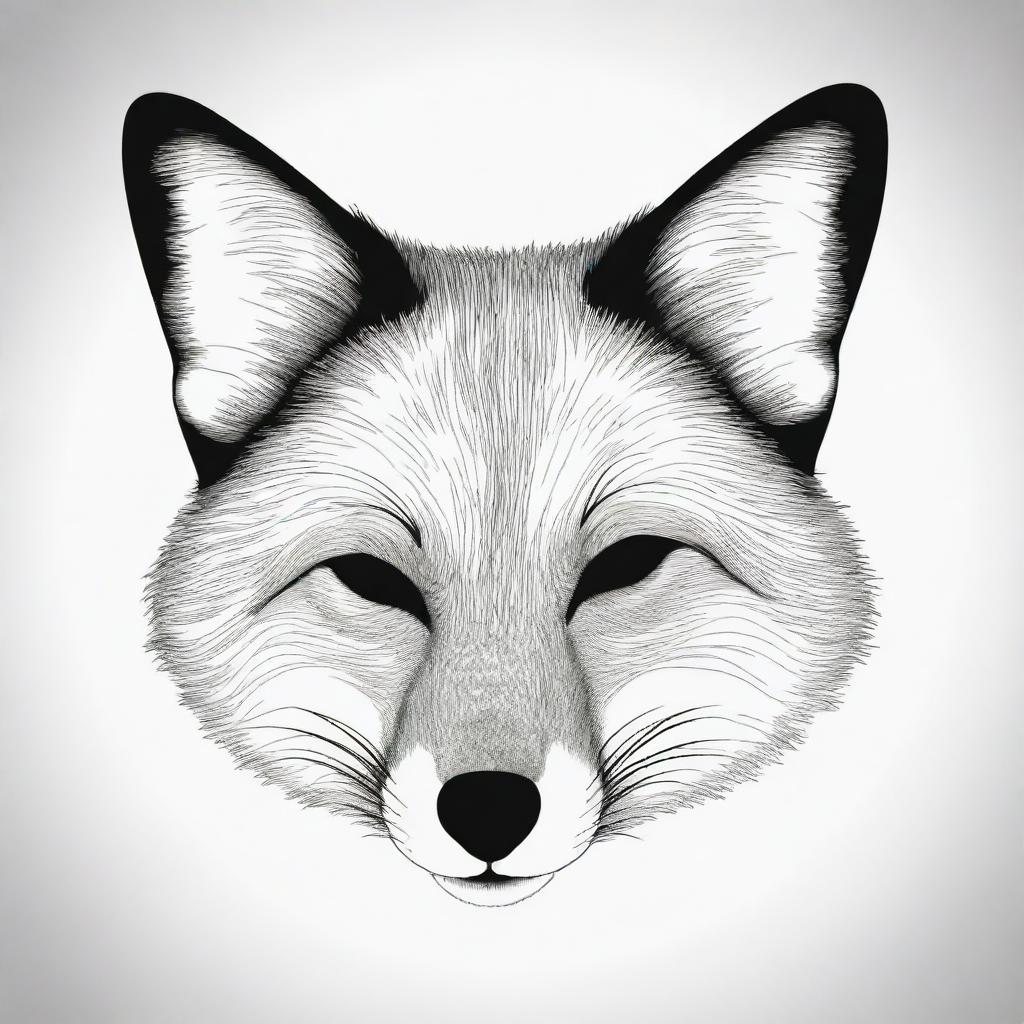 Create a high contrast, black and white vector-style drawing of a sleeping fox's head. Maintain a simple, flat design with line art. The background should be white.