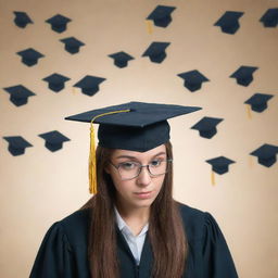 A person introspectively focusing on their mindset with a graduation cap, symbolizing self-improvement, rather than examining others' faults represented by scattered PhD degrees.