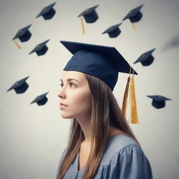 A person introspectively focusing on their mindset with a graduation cap, symbolizing self-improvement, rather than examining others' faults represented by scattered PhD degrees.