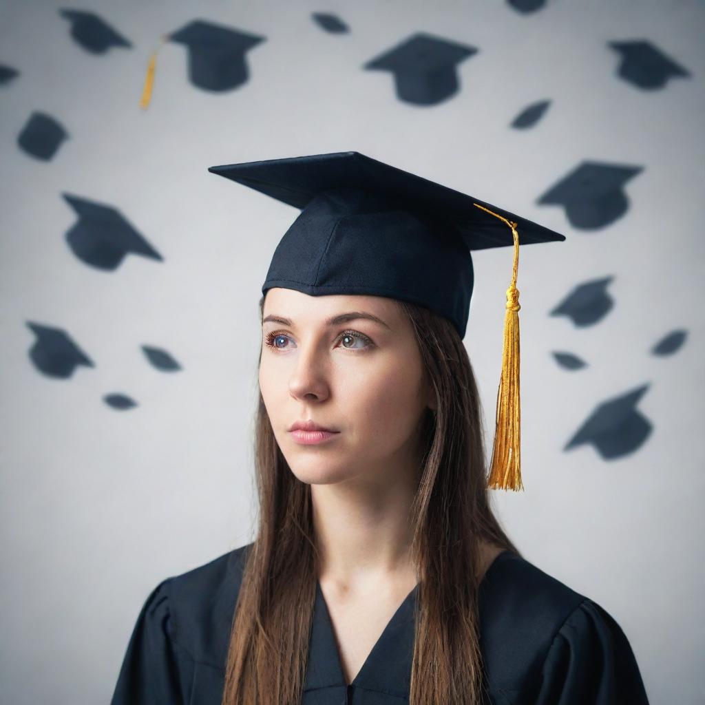 A person introspectively focusing on their mindset with a graduation cap, symbolizing self-improvement, rather than examining others' faults represented by scattered PhD degrees.