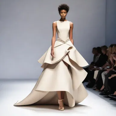 The concavo-convex shape of this dress creates a unique silhouette on the runway.