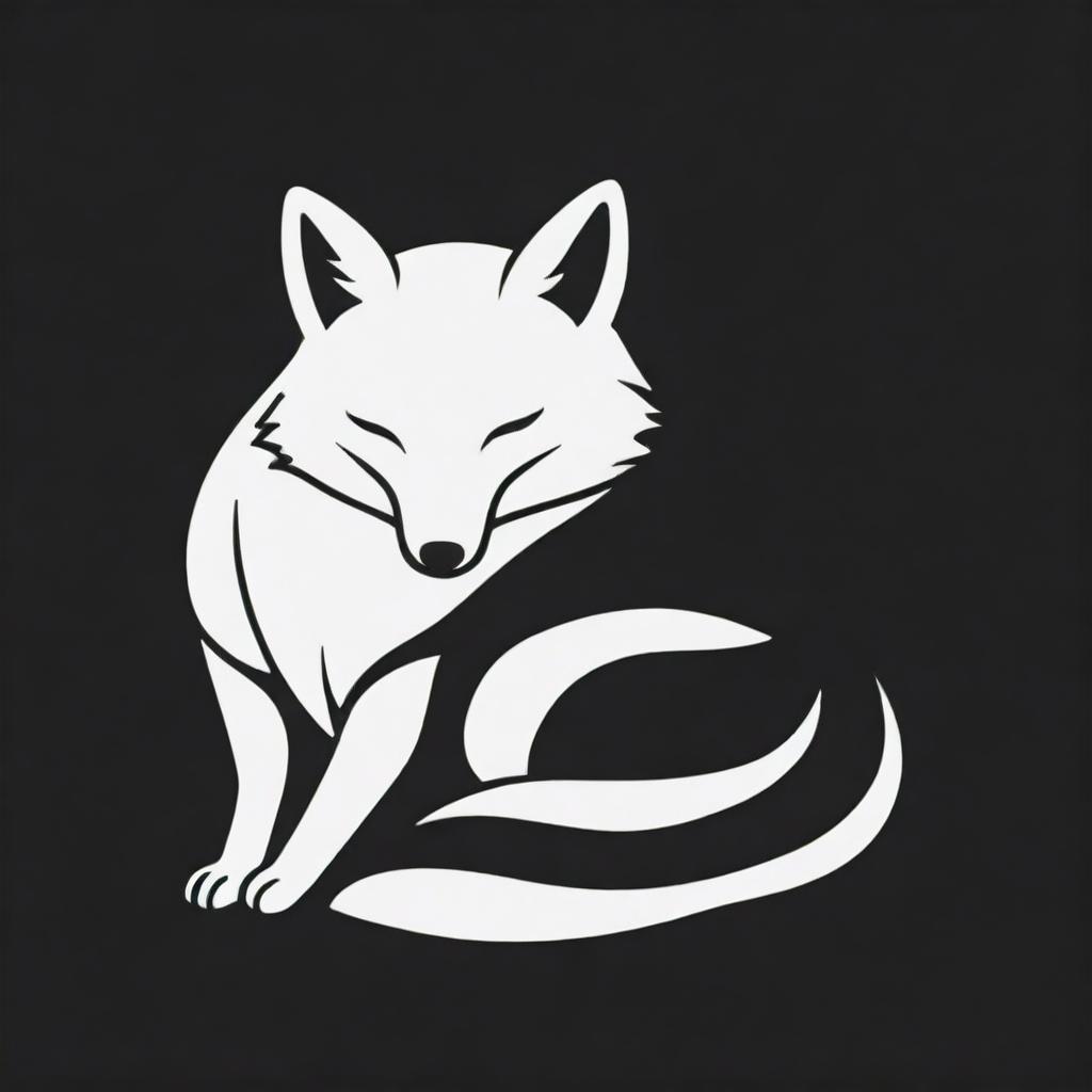 Create a high contrast, black and white vector-style contour of a sleeping fox. Keep the design simple, flat, and based on line art. Use a white background.