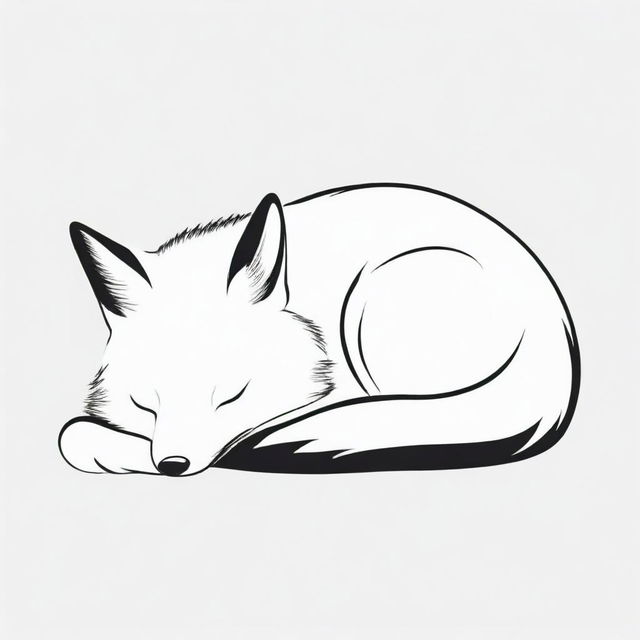 Create a high contrast, black and white vector-style contour of a sleeping fox. Keep the design simple, flat, and based on line art. Use a white background.