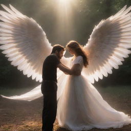 A young girl in a delicate situation, being compassionately saved by a man radiating with a seraphic aura, his majestic wings unfurled.