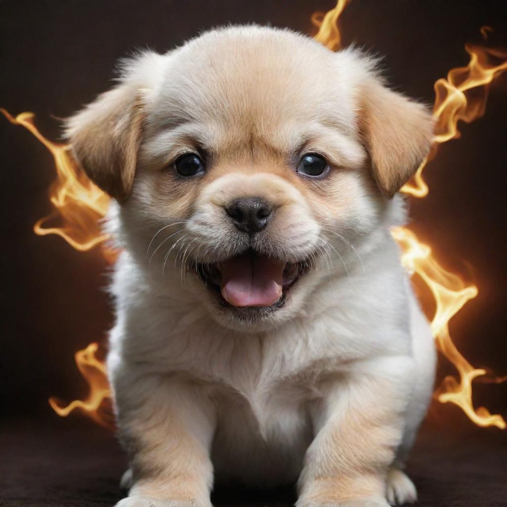 Modify the previous image to depict the puppy with an overwhelming aura of fury, its anger reaching such levels that it personifies a god of anger.