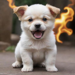 Modify the previous image to depict the puppy with an overwhelming aura of fury, its anger reaching such levels that it personifies a god of anger.