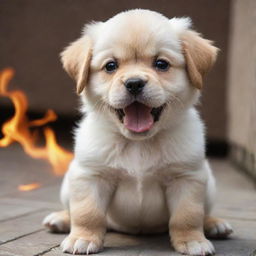 Modify the previous image to depict the puppy with an overwhelming aura of fury, its anger reaching such levels that it personifies a god of anger.