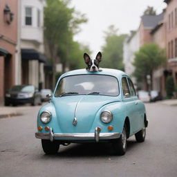 A whimsical image of a car shaped like a playful dog, with headlights for eyes and tires as paws, parked on a serene street