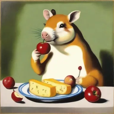The painting depicted a snacker enjoying a plate of fruits and cheese.
