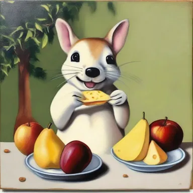 The painting depicted a snacker enjoying a plate of fruits and cheese.