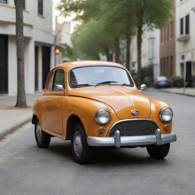 A whimsical image of a car shaped like a playful dog, with headlights for eyes and tires as paws, parked on a serene street