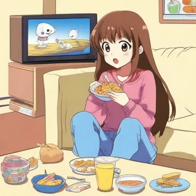 The anime character was portrayed as a snacker, always munching on snacks while watching television.