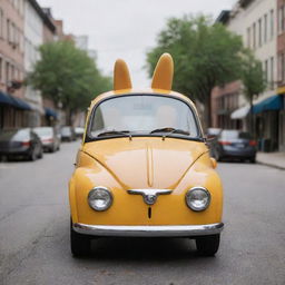 A whimsical image of a car shaped like a playful dog, with headlights for eyes and tires as paws, parked on a serene street