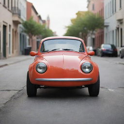 A whimsical image of a car shaped like a playful dog, with headlights for eyes and tires as paws, parked on a serene street